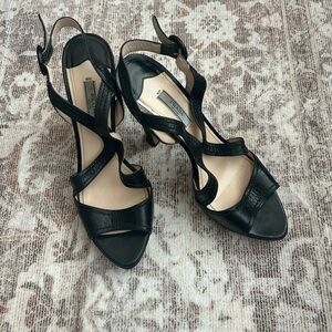 Vintage Prada Black Pebbled Leather Wavy Strap Block Heel Sandals Made in Italy